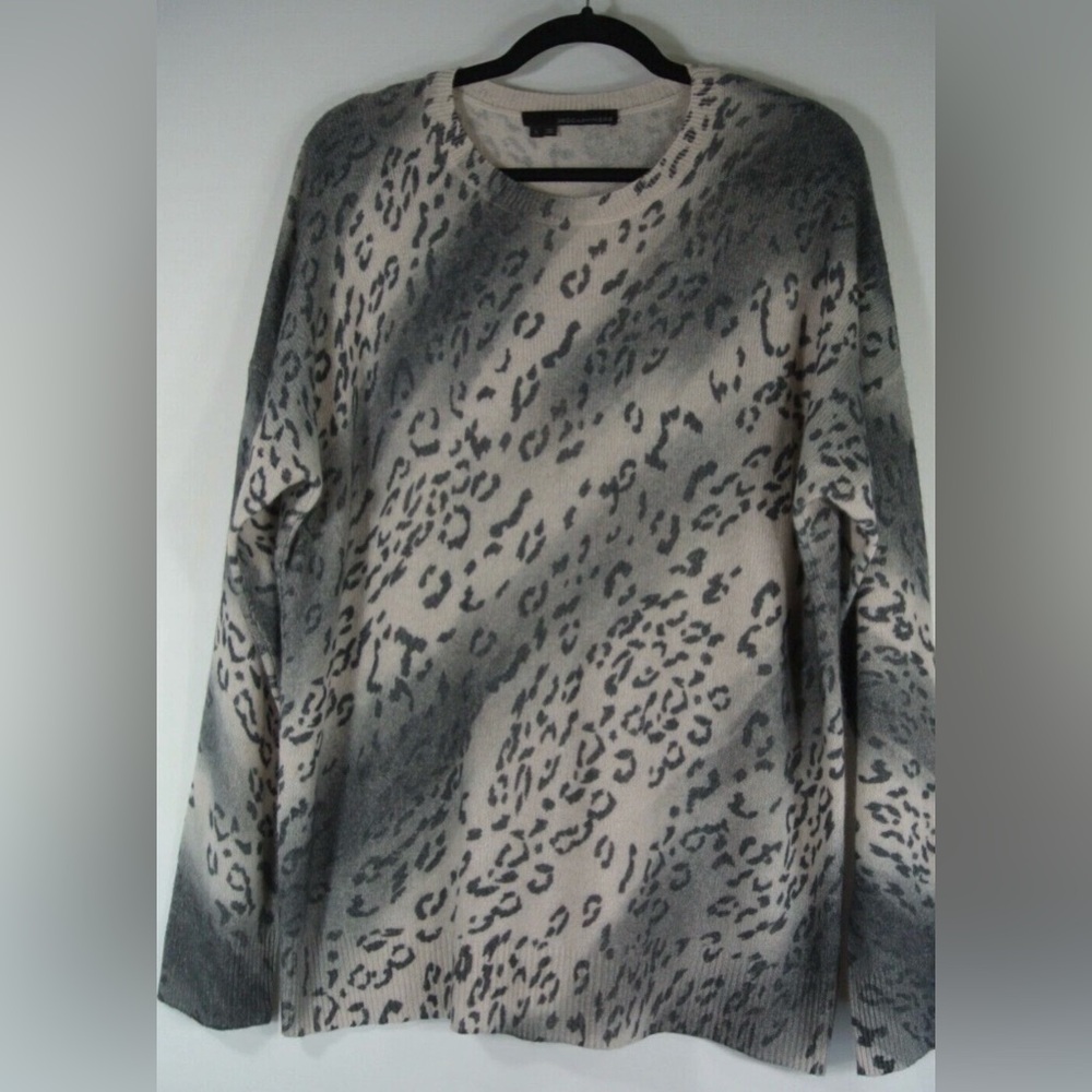 360 Cashmere Gray and Cream Leopard Print Sweater